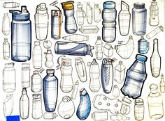 a drawing of many different types of water bottles and their lids are shown in this image