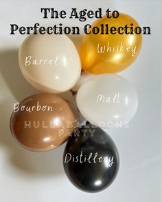 the aged to perfection collection balloons are shown in different colors and sizes, including black, white, gold, and champagne