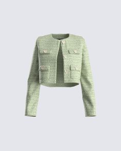 Let them know you mean business, in the sweetest way possible 😊 This green tweed crop jacket is made from boucle tweed fabric, and finished with rhinestone heart-shaped buttons for a cute and sassy touch 💚 Chanel Coats, Chanel Clothes, Tweed Fashion, Cropped Jackets, Tweed Set, Tweed Jackets, Cute Blazers, Tweed Top, Future Of Fashion