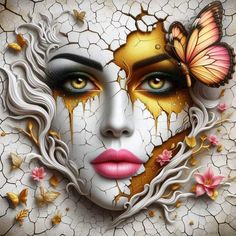 a woman's face with butterflies on it and the image is made up of cracked paint