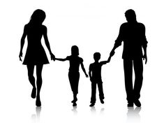 a family walking down the street with their hands in each other's pockets, silhouetted against a white background