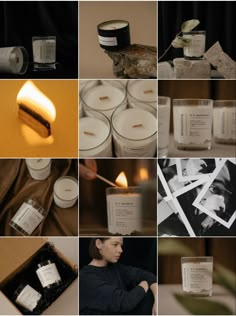 many different images with candles and pictures on them, including one candle in the middle