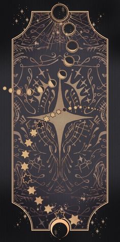 an ornate design with gold stars and moon shapes on black paper, in the middle of a