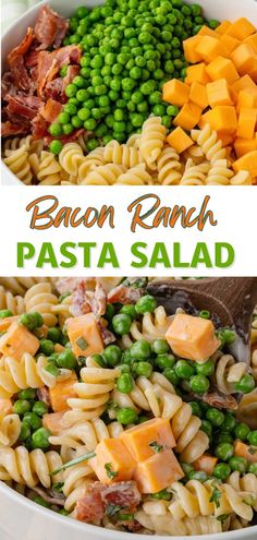 this bacon ranch pasta salad is loaded with peas, carrots, ham and parmesan cheese