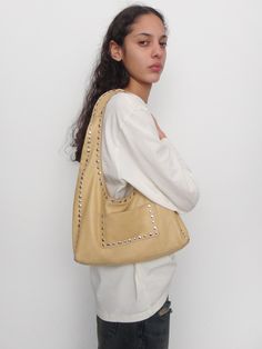 Shoulder bag, embellished with metal studs. Crafted with 100% leather in camel made in Spain. Shoulder Bag Outfit, Mexico Trip, Woman Shoulder, Brown Tote Bag, Ootd Inspo, Autumn Fits, Studded Bag, Fall 24, Brown Tote