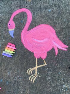 a chalk drawing of a pink flamingo with crayons on the ground next to it