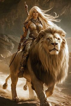 a woman riding on the back of a lion