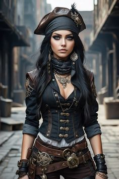 a woman with long black hair wearing steampunk clothing