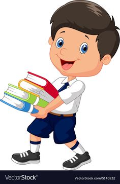 a boy carrying books and smiling