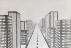 a drawing of a city street with tall buildings on both sides and one car driving down the road