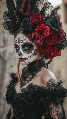 Sugar Skulls, Fantasy Fashion, Day Of The Dead, Red Lips, Gothic Fashion, Victorian Fashion, Sugar Skull, Evening Wear, Blue Eyes