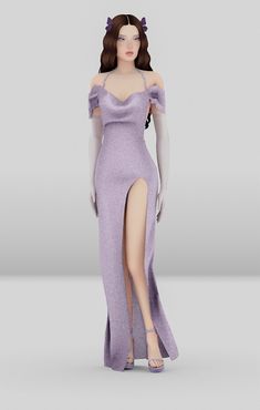 a woman in a purple dress with long legs