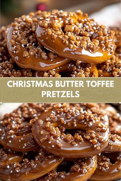 christmas butter toffee pretzels on a plate with the title above it