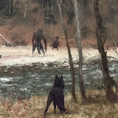 a painting of two dogs in the woods