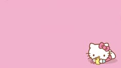 the hello kitty wallpaper is pink and has an image of a cat holding a cup