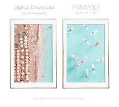 two framed pictures with surfboards on the beach