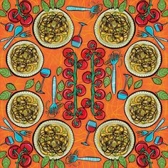 an orange background with red and green designs on the top, two plates filled with food