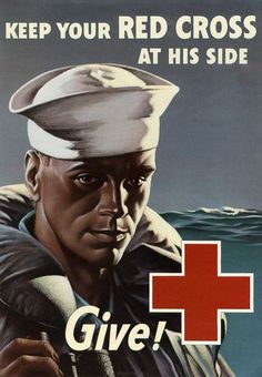 a poster with a man in a sailor's uniform and the words give + keep your red cross at his side