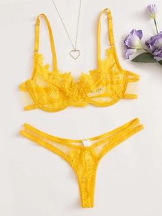 Color: YellowPattern Type: PlainDetails: Contrast LaceType: Sexy SetsComposition: 90% Polyester, 10% SpandexMaterial: LaceFabric: Non-StretchBra Type: UnderwirePanty Type: Thongs & V-StringsLining: NoChest pad: No Yellow Lingerie, Lace Underwire, Lingerie Outfits, Bra Types, Rhinestone Studs, Bra And Panty Sets, Lingerie Set