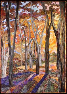 a painting of trees in the woods with oranges and yellows on their leaves