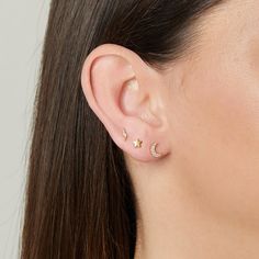 Dainty Moon Earrings are perfect and add just a touch of bling for a understated, fun look. Details: - Silver option is made of 925 Sterling Silver plated in Rhodium - 14k Gold Filled or 14k Rose Gold Filled - Nickel-free and hypoallergenic - SOLD AS A PAIR - Measures 6 mm - Made of Highest Quality CZ for an Authentic Diamond Look ♥︎ ♥︎ ♥︎ Model Details ♥︎ ♥︎ ♥︎ https://www.etsy.com/listing/783757599/tiny-earrings-star-earrings-stud?click_key=82fe240ece59b51e16a2aa9378d6dbe5b57749c8%3A783757599& Dainty Hypoallergenic Moon Earrings, Dainty Moon Shaped Hypoallergenic Earrings, Elegant Huggie Earrings With Moon Charm, Dainty Single Moon Earring, Dainty Moon Shaped Single Earring, Yellow Gold Moon Shaped Earrings, Dainty Moon-shaped Earrings, Dainty Yellow Gold Moon Earrings, Dainty Moon-shaped Hypoallergenic Earrings