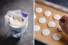 two pictures one is making cookies and the other has frosting on them in plastic wrappers