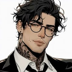 a drawing of a man with glasses and tattoos on his face, wearing a suit