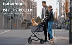 a man and woman pushing a stroller with a dog in it on the street