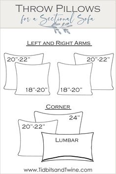 three pillow sizes and measurementss for the standard bedding set, with two pillows on each