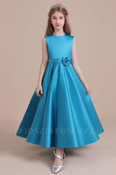 Long Flower Girl Dresses, Blue Flower Dress, Satin Flower Girl Dress, Frocks For Girls, Satin Flowers, Frock Design, Dresses Kids Girl