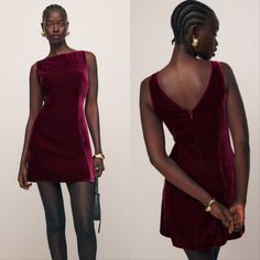 Reformation Brisbane Velvet Mini Dress In Chianti Red. Size 4. Features Non Adjustable Straps, Sleeveless, Boat Neckline, Short Mini Length, And Soft Non Stretch Velvet Fabric With Medium Pile. 82% Rayon, 18% Silk. New With Tags. Tags: Cocktail, Holiday Party, Christmas Or, Velour, Dark Red, Formal, Nwt Chest: 17" Waist: 14" Length: 32" (Approx.) Red Dresses Short Formal, Dark Red Dress Short, Holiday Party Dress Classy, Classy Christmas Dresses, Red Silk Mini Dress, Queer Prom, Red Velvet Mini Dress, Dress Short Tight, Red Hoco Dress