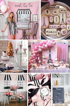 a collage of photos with pink and black decorations, balloons, cakes, and desserts