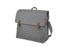 a gray messenger bag with brown straps