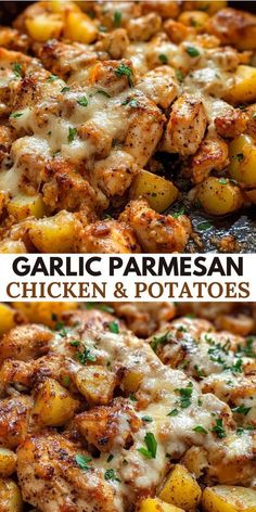 garlic parmesan chicken and potatoes on a sheet pan with the title above it