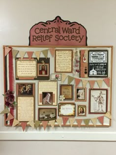 a bulletin board with many different pictures and words on it's side, along with some paper bunting around the edges