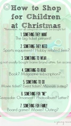 a poster with the words how to shop for children at christmas and other things on it