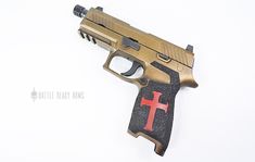 P320 with recessed borders, hand engraved crusader cross, and battleworn burnt bronze cerakote.  https://battlereadyarms.com Crusader Cross, Crusades, Hand Engraving, Image Search, Quick Saves