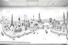 a drawing of a city with lots of tall buildings