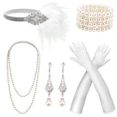 PRICES MAY VARY. 1920s Accessories Set: 1 pc feather headband, 1 pc faux pearl necklace, 1 pair of long gloves, 1 pc faux pearl bracelet and 1 pair of vintage earrings in the parcel, reproduction of 1920s Great Gatsby costume accessories to create a retro and attractive look. Exquisite Design: Our flapper headpiece is designed with elastic band and faux feathers, lightweight and elastic. Highly stretchy long satin gloves are properly elasticized. The classic faux pearl necklace and bracelet are Roaring 20s Accessories, Great Gatsby Accessories, Great Gatsby Costume, 20s Accessories, 1914 Fashion, Long Satin Gloves, Gatsby Accessories, Jazz Night, 1920s Accessories