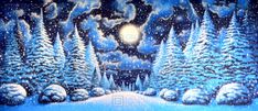 a painting of snow covered trees in the night