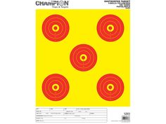 a yellow and red target sheet with four bulls on it, in the middle of an image