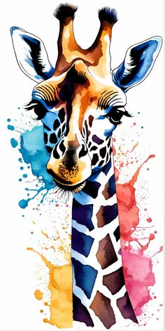 a giraffe's head is painted with watercolors