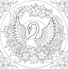 a black and white image of a swan surrounded by flowers in a circular frame with roses