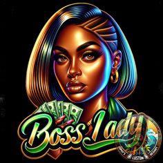 the logo for boss lady featuring a woman's face and four stacks of cards