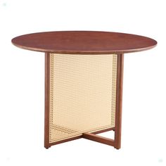 a wooden table with an oval top and perfored panels on the sides, against a white background