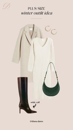 Plus size winter outfit idea - monochromatic cream coat, sweater maxi dress, tall wide-calf boots - workwear style - office style Wide Calf Boots Outfit, Cream Sweater Dress Outfit, Diana Dares, Cream Dress Outfit, Cream Winter Coat, Calf Boots Outfit, Cream Sweater Dress, Women's Workwear Fashion, Plus Size Winter Outfits