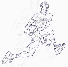 a drawing of a basketball player running with the ball in his hand and one foot on the ground