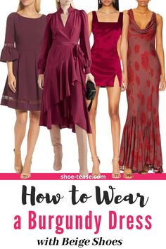 Choosing the right shoes to wear with a burgundy dress can be confusing, but worth knowing, since shades of red are trending in 2024. Whether your dressing up for a formal event or looking for a smart casual look, burgundy offers a versatile and universally flattering option. Let's dive into the best shoe colors to complement your burgundy dress, no matter its specific shade – be it closer to maroon, wine red, or any darker red with a hint of, brown or orange. Check out all the best shoe colour options to pair with a burgundy dress at shoe-tease.com! Burgundy Dress Outfit Wedding Guest, Burgundy Dress Outfit Wedding, Maroon Dress Outfit, Burgendy Dress, Dark Maroon Dress, Maroon Outfits, Blue Shoes Outfit, Burgundy Dress Outfit, Wine Red Dress