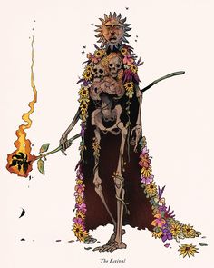 a drawing of a skeleton with flowers on its head and arms holding a stick in his hand