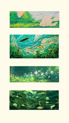 four different images of water and plants in the same frame, each with an image of fish